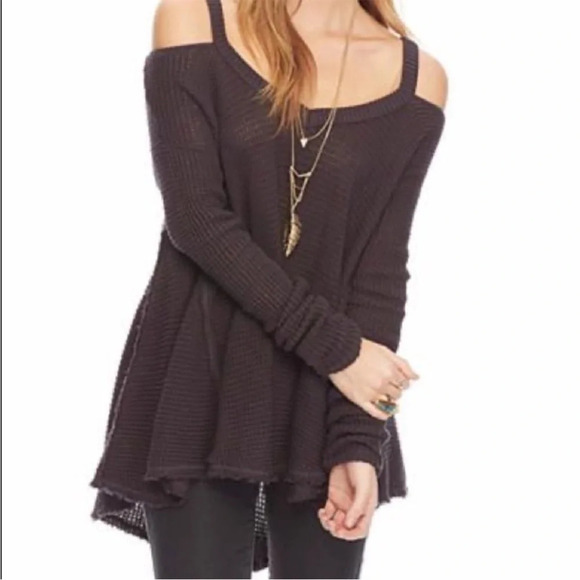 Free People Tops - Free People Moonshine Cold Shoulder Knit Charcoal Grey Sweater